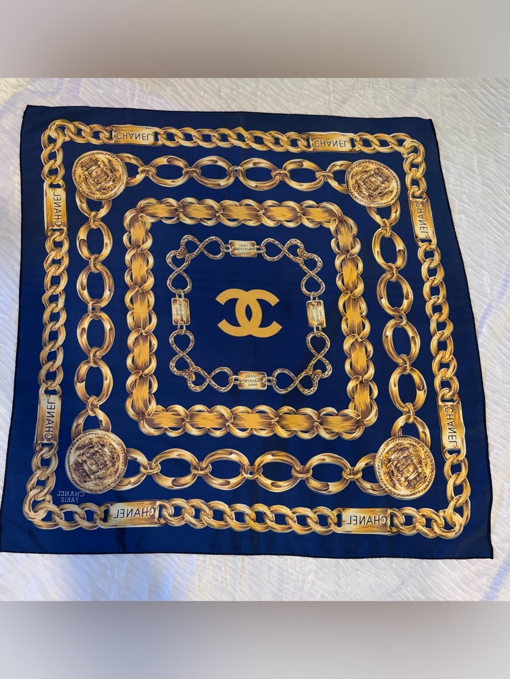 Authentic CHANEL Chain Print Silk Scarf Navy Blue Gold CC Logo Rue Cambon Paris